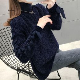 DLNCTD 2019 Korea Fashion Loose Bat Sweater Solid Color High Neck Bubble Sleeve Turtleneck Sweater 
