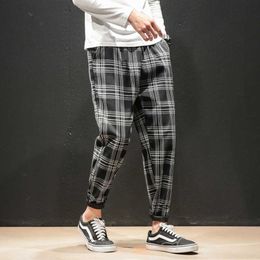 New Men's Plaid Cotton Casual Long Pants Trousers Korean Black White Loose New