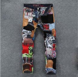 Wholesale New fashion mens color patchwork washed jeans male personality denim skinny pants mens casual slim jeans