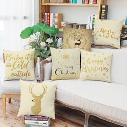 Christmas Tree Santa Claus Deer Elk Cushion Covers 6 Stykes Merry Xmas Holidays Snowflakes Cover Decorative Beige Linen Pillow Case