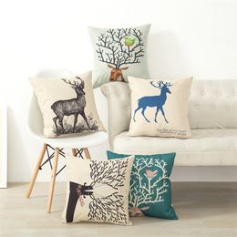 Happy Christmas Colorful Elk Pattern Pillow Case Square Linen Cotton Printed Pillowcase Chair Home Decorative Cover AL001A017