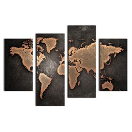 4 paenl world map black background wall art painting pictures print on canvas art for home modern decoration with wooden framed