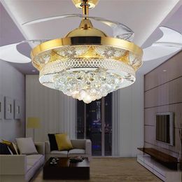 Modern Crystal Invisible Ceiling Fan Light Kit For Living Room Bedroom 42 Inch Gold 4 Telescopic Blades Fan Chandeliers Lighting Fixture Modern Crystal Invisible Ceiling Fan Light Kit For Living Room Bedroom 42 Inch Gold 4 Telescopic Blades Fan Chandeliers Lighting Fixture