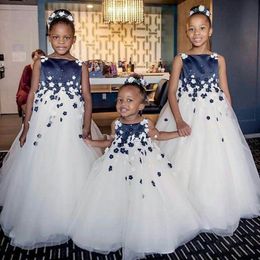 navy and white flower girl dress