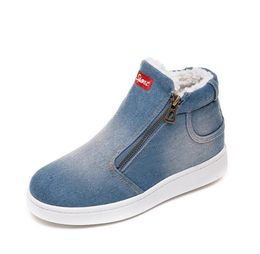 winter shoes with fur denim snow boots for women platform warm velvet round toe flat casual canvas shoes high top zipper bx987