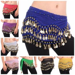 Belly Dance Chiffon Hip Skirt Scarf Wrap Belt Costume with 3 Rows Gold Coins US