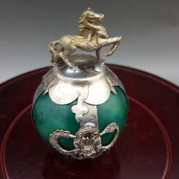Rabbit Collectable Green Jade Armor Tibetan Silver Hand-carve Zodiac statue 