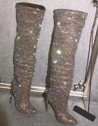 ODOKAY Fashion Boots Women Bling Bling Crystal Over The Knee Slim Fit Long Glittering Metal Thin High Heel Boots ODOKAY Fashion Boots Women Bling Bling Crystal Over The Knee Slim Fit Long Glittering Metal Thin High Heel Boots