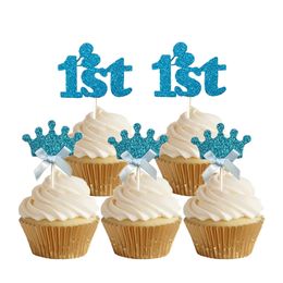 24pcs Glitter Foam Blue 1st Crown Cupcake Toppers Baby Boy The First Birthday One Year Old Cake Picks Decoration