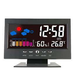 Freeshipping Digital termômetro higrômetro estação meteorológica temperatura Alarm Clock calibre colorido LCD Calendário Vioce-activado Backlight venda por atacado
