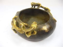old decorated Chinese handwork copper incense burner armored 2 tigers