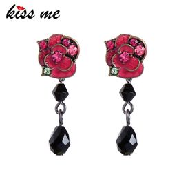 Retro Hollow Lace Red Rose Earrings Alloy Flower Earrings Charm Decor Jewelry
