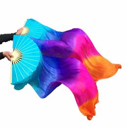 1.5m 1.8m 1 Pair 100% Silk belly dance fan veil Red/orange/yellow/green/purple 