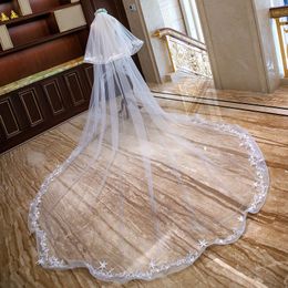 wedding veils pictures Canada - White Ivory 2T Wedding Veils Lace Applique Cathedral Length Bridal Veils With Comb Real Pictures Free Shipping