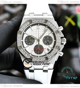 26231 37 mm Miyota Quartz Chronograph Ladies Watch Diamonds Bezel Silver Gestructureerde wijzerplaat Zwart Subdial White Rubber Strap Dameshorloges Stopwatch Swisstime E245B2