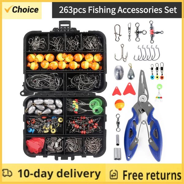 263pcs/set Accesorios de pesca establecidos con caja de aparejos que incluye ganchos de altura de pliers Simplades de peso Snaps Simpuradoras 240418