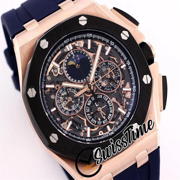 26571 26582 Cronógrafo de cuarzo Reloj para hombre Fase lunar Esqueleto Dial Cronómetro Dos tonos Caja de oro rosa Relojes de goma 2022 SwissTime260W