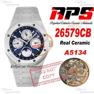 26579CB PERPETUAL KALENDER A5134 Automatische heren Watch APSF V2 41 mm Blauw Gekleed Stick Dial Moon Fase Wit Keramische behuizing en Bracelet Super Edition Puretime CHS