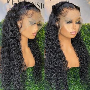 26 Inch 180% Dichtheid Gitzwarte Kleur Lange Losse Golf Pruik Bemoeien Deel Lijmloze Lace Front pruiken Remy Zacht Met baby Haar Voor Vrouwen Hea297j