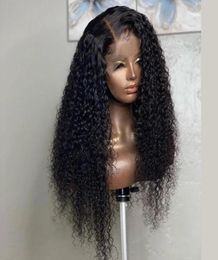 26 pulgadas 180 densidad Natural Color negro peluca larga y rizada pelucas delanteras de encaje Remy suave con pelo de bebé para mujeres sin pegamento resistente al calor D64016856
