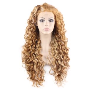 Perruque Lace Front Wig synthétique bouclée longue de 26 pouces, mélange de cheveux en Fiber résistante à la chaleur