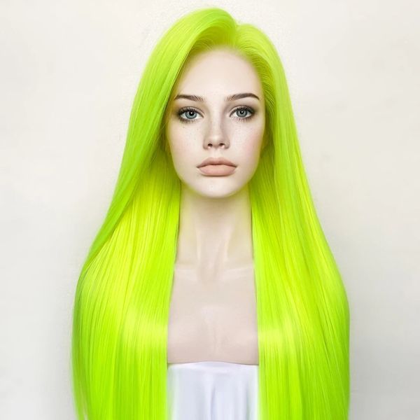 Perruque Lace Front Wig synthétique lisse et soyeuse, perruque Lace Front wig sans colle, 26 pouces, 13x4, vert clair, blond, avec cheveux de bébé, densité 180