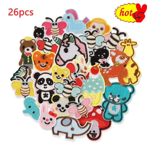 26pcs / lot patchs pour vêtements enfants garçons animaux avec fer sur abeille ours ensembles filles pack en gros petit brodé en vrac coudre mignon