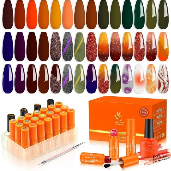 26 piezas Soak Off UV LED Gel Esmalte de uñas Kit con 21 piezas Rojo Verde Naranja Cambio de color Efecto ojo de gato Esmalte en gel Base Mate brillante Capa superior Gel floreciente Bolígrafo Nail Art