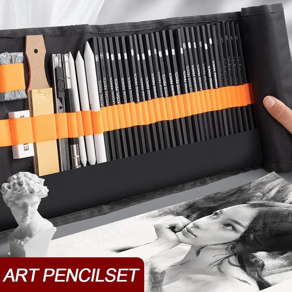 Ensemble de crayons de croquis, 27/38/47 pièces, avec sac à stylos en toile enroulable, pour dessin artistique, peinture, charbons de bois, gomme pétrie, Kit de croquis 240118
