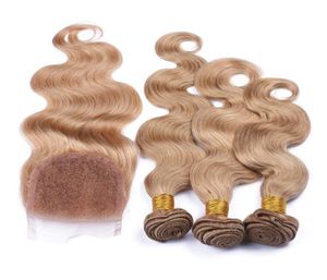 27 Miel Blonde 4x4 Dentelle Top Fermeture Partie Avec Péruvienne Fraise Blonde Vierge Cheveux Weave Bundles Vague de Corps 4Pcs Lot3144802