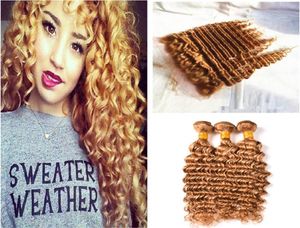 27 Miel Blonde Brésilienne Vague Profonde Bouclée Vierge Cheveux Humains Armure 3 Faisceaux Avec Brun Clair 13x4 Oreille à Oreille Pleine Dentelle Frontale5333599