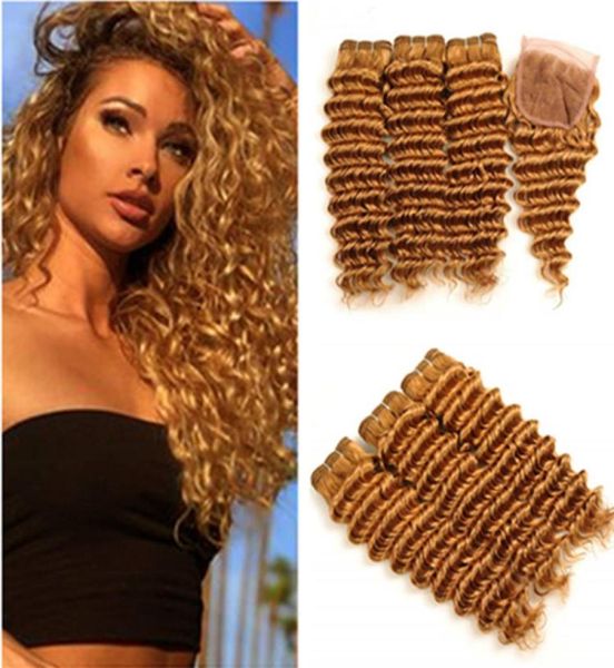 27 Honey Blonde Deep Wave Human Hair 3 Bundles con Cierre Rubia Rubia Brasileña Brasileño ondulado Deepa Human Weaves con encaje 4x4 8633392