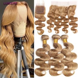 #27 Honey Blonde Human Hair Bundles Trat con HD Cierre frontal 5x5 ombre ola de color ola de color crudo Pule con cierre