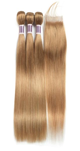 27 Paquetes de cabello humano rubio miel con cierre Extensiones de cabello liso Cabello virgen brasileño precoloreado 3 paquetes con 4x4 Lac3723477
