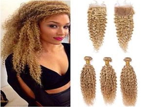 27 Honey Blonde Coiffure humaine bouclée blonde 3BUNDLES AVEC CLOSE BRORMEL BRÉSILIEN BRÉSILIEN Les cheveux humains tisser les trames avec fermeture en dentelle83703673