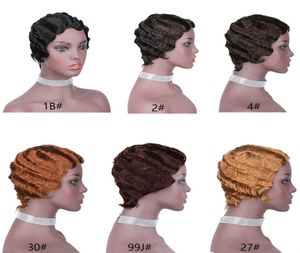 27 Honey Blonde Pixie Cut Finger Wave Peluca corta de cabello humano Peluca completa hecha a máquina Malasia Remy Ocean Wave Glueless Bob Wig para Black4988250