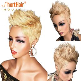 #27 Honey Blonde Pixie corta corta Bob Wavy Wig 100% Human Hair Wavs For Women Máquina completa Hecha