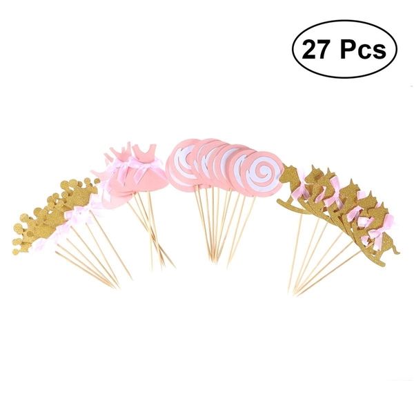 27 PCS Pink Princess Cake Toppers Chic Cake Picks Cupcake Decoración Topper para la fiesta de cumpleaños Postre Decoración Baby Shower Y200618