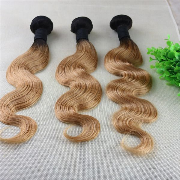 1B 27 Ombre Blonde Brazilian Hair Weave Body Wave Paquetes de cabello humano Trama de cabello de dos tonos 100 gramos por pieza