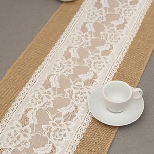 275 cm * 30 cm jute tabel runner witte kant jute stof voor bruiloft stoel sjerpen jute lint Hessian DIY benodigdheden