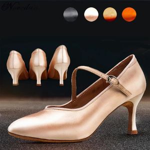 277 Ballroom Party Femme Élégant Modern Latin Dance Satin Prom Social Waltz Tango Dancing Talons fermés Toe Salsa Shoes 240125 259