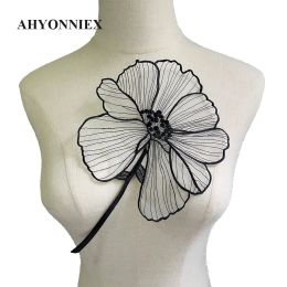 27 cm zwarte lotus bloem borduurwerkpleisters voor kleding DIY naaien bloemen pakketten borduurwerk kanten appliques voor shirts