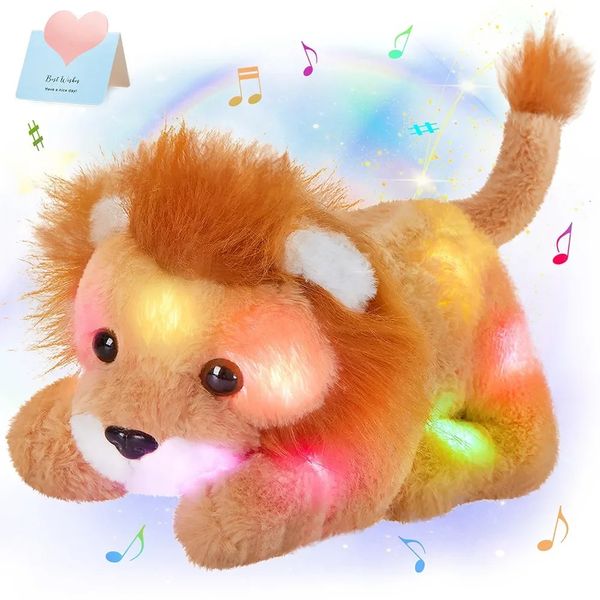 27cm Rempli le lion oreiller LED LIMS UP MUSIM ANIMAUX mignon doux lueur brun lion peluche bébé sweat à sweat décoration girl girl 240424 Lion en peluche