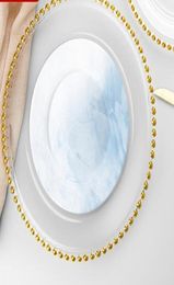27 cm ronde kraalgerechten glazen bord met gouden zilveren heldere kralen rand ronde dinervak ​​bruidstafel decoratie gga32069781214