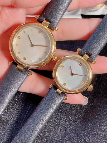 27mm 32mm Couples Or Rivet Montres Blanc Nacre Coquille Montre-Bracelet Femmes Hommes Cercle Géométrique Montres À Quartz Femme Mâle Noir Mince En Cuir Horloge