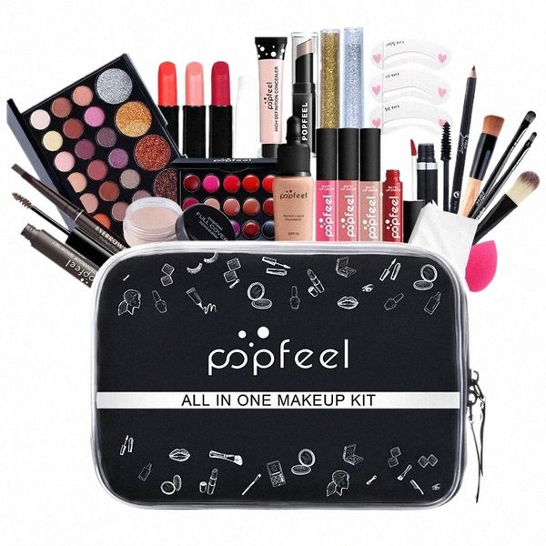 27 unids / bolsa Conjunto completo de maquillaje Sombra de ojos Ccealer Resalte Mascara Ceja Delineador de ojos Bálsamo labial Líquido Lápiz labial Kit cosmético Puff O3nO #