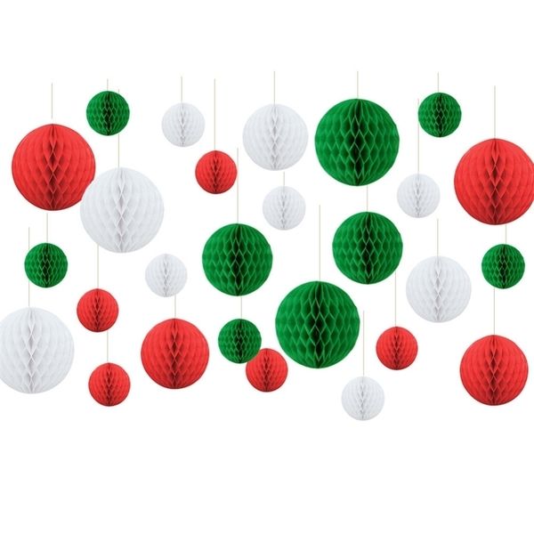 27pcs couleurs de Noël rouge / vert / blanc 8cm / 15cm / 20cm papier de soie boules en nid d'abeille lanternes décor papier nid d'abeille artisanat cadeau 201019