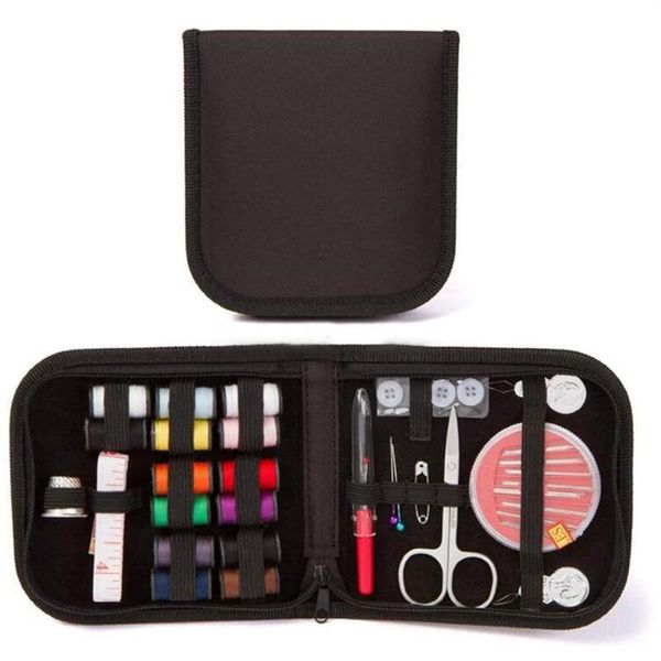 27 unids / set Kit de caja de costura de viaje portátil Puntadas de hilo de coser Herramientas con agujas Botones de tela Tijeras artesanales Regalos para mamá 215O