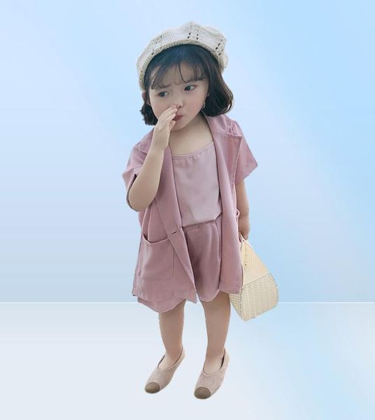 27t Fashion Baby Girls 3pcs Suit Infant Kids Clothes ensembles Solid Vest Tops Shorts de manteau Blazer à manches courtes T20070715133118
