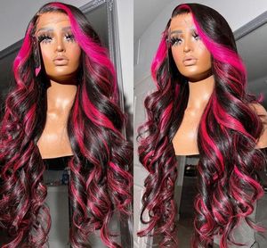 36 pouces Ombre rose couleur corps vague perruque de cheveux humains pré plumé 13X4 synthétique avant de lacet perruques pour les femmes noires